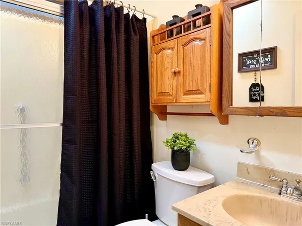 a bathroom with a sink a mirror and a shower curtain