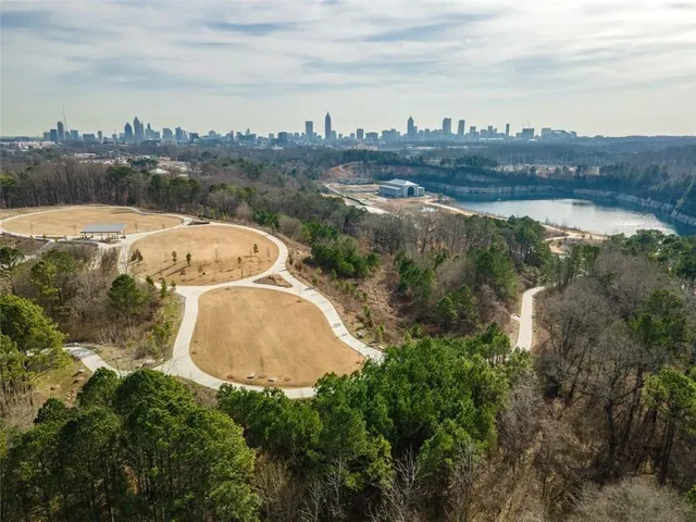 a view of a lake in middle of the town
