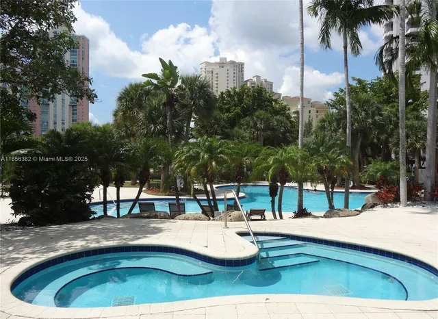 an aerial view of a swimming pool a yard and plants