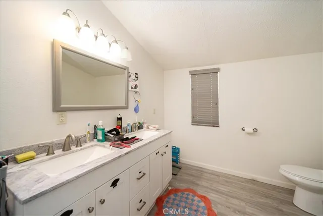 a bathroom with a sink a toilet and mirror