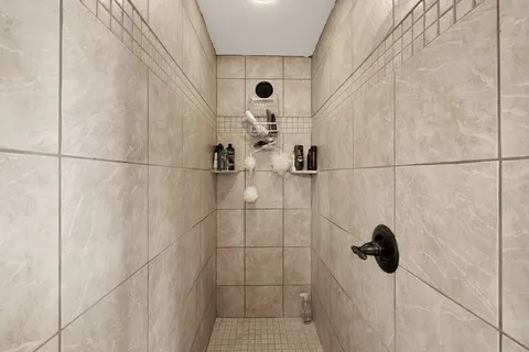 a view of a grassy field with an ocean