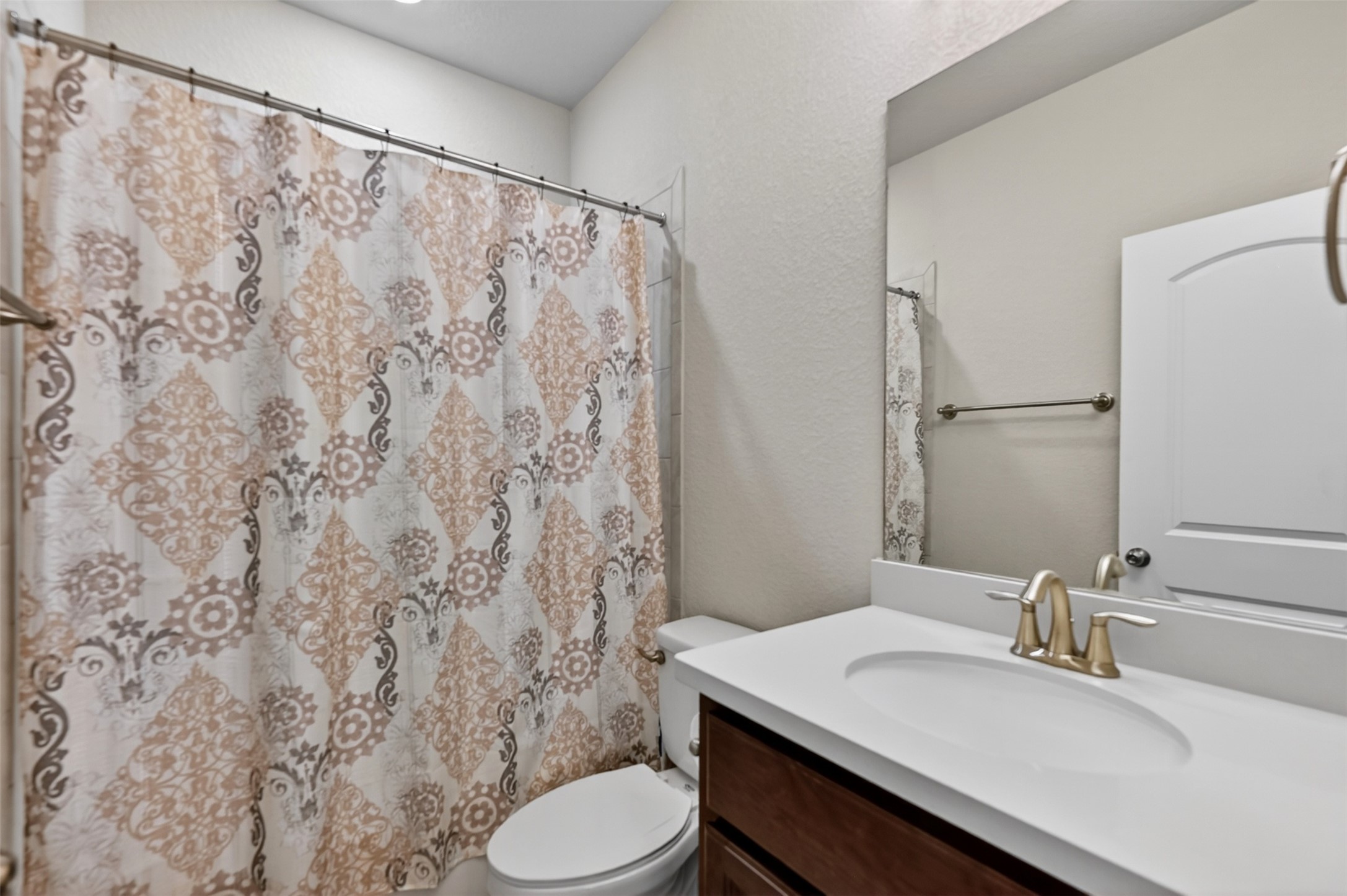 1201 Positano Pass Leander, TX 78641 - Photo 40 of 40 Bathroom featuring a single vanity with a white countertop, brass-finish faucet, and a large wall-mounted mirror