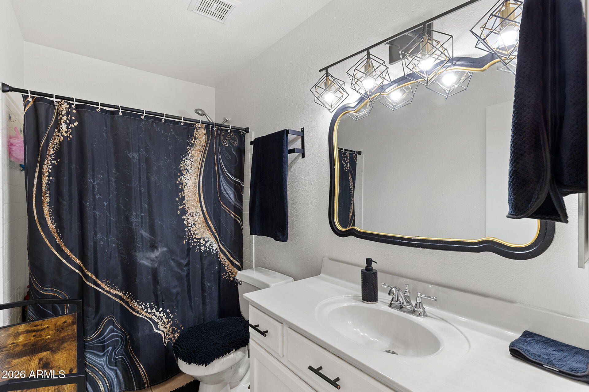9002 West Coronado Road Phoenix, AZ 85037 - Photo 41 of 54 a bathroom with a sink a mirror a toilet and a shower curtain