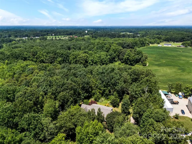 a view of a city with lush green forest