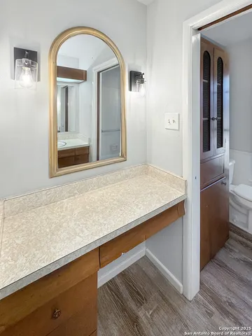 wooden floor with a large mirror and a sink