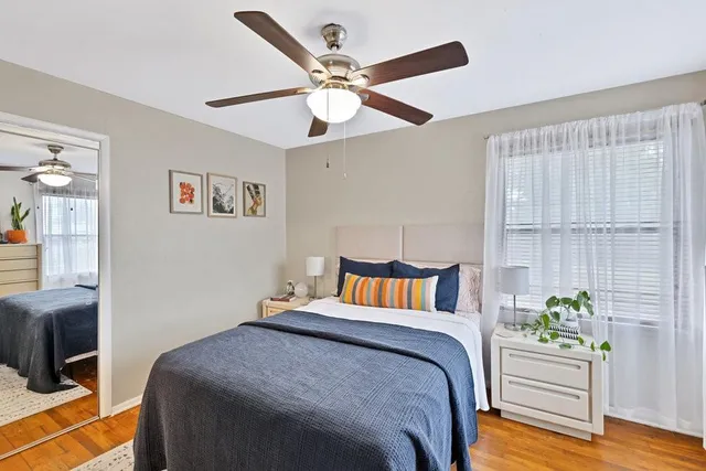 a living room with furniture plant and a large window