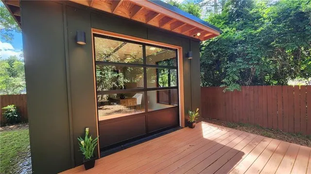 a porch with seating space