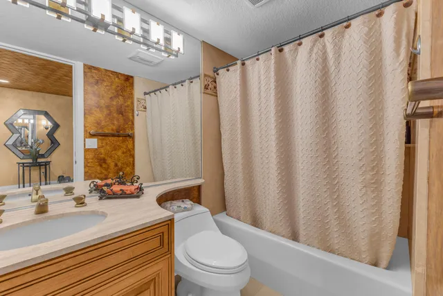 a bathroom with a sink a toilet a mirror and shower curtain