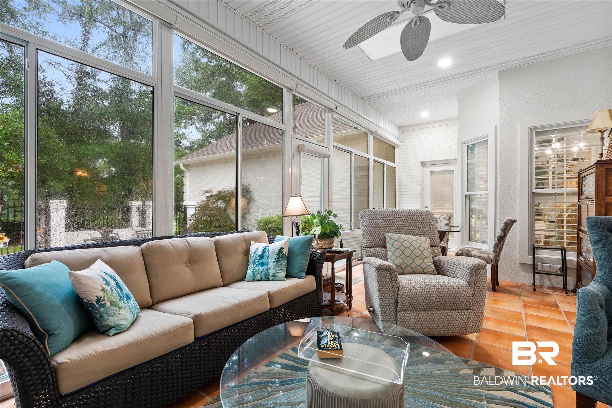 136 Old Mill Road Fairhope, AL 36532 - Photo 13 of 36 Sunroom featuring extensive window panels, a white beadboard ceiling with a ceiling fan, recessed lighting, and a neutral tile floor