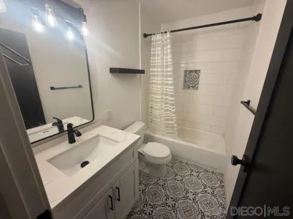 a bathroom with a sink a toilet a mirror a vanity and shower