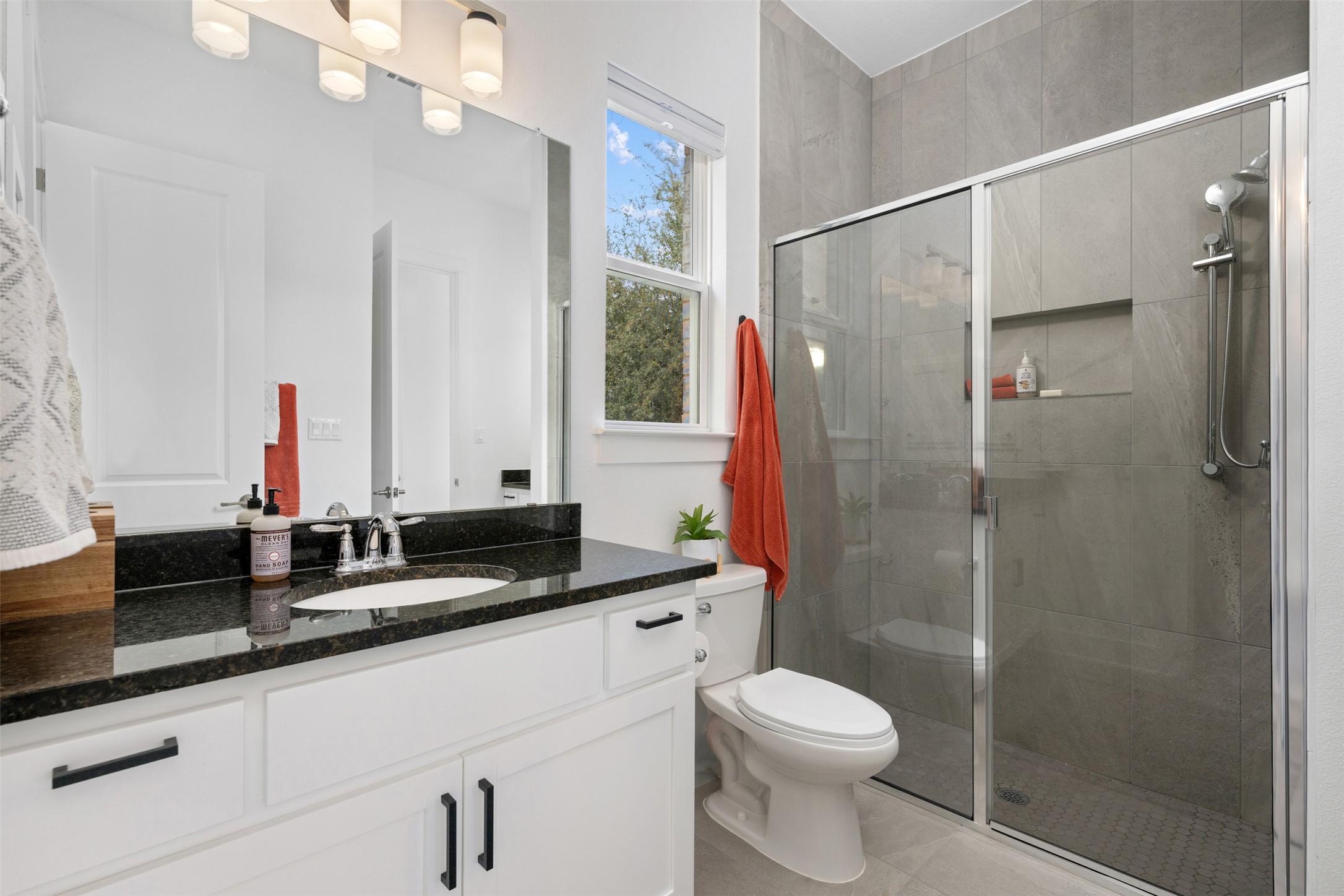 438 Pear Tree Lane Austin, TX 78737 - Photo 19 of 40 a bathroom with a granite countertop sink a toilet and shower