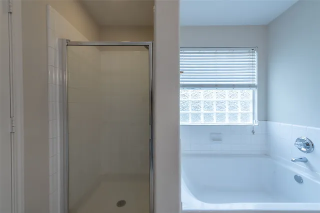 a bathroom with a bathtub and a shower