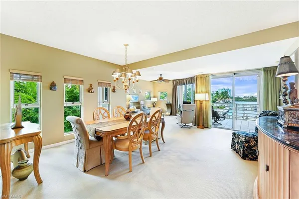 a view of a dining room with furniture window and outside view