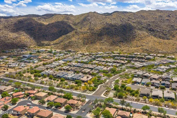 aerial view of a house with a large tree and plants