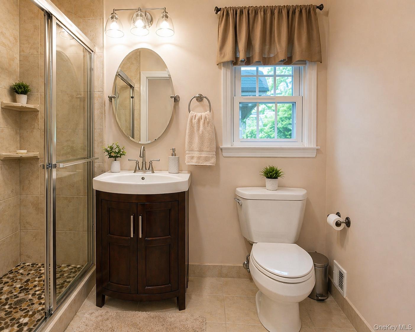 6 Huyler Road Setauket, NY 11733 - Photo 19 of 27 a bathroom with a sink a mirror a toilet and a window