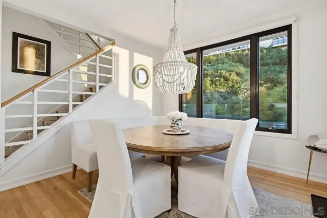 a view of a dining room with furniture window and outside view
