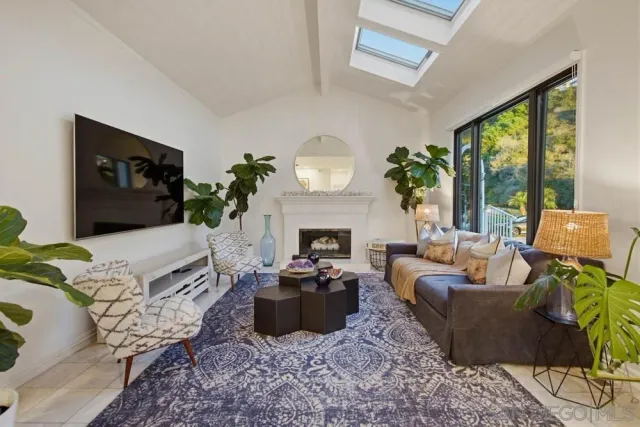 a living room with furniture a fireplace and a potted plant