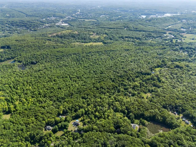 an aerial view of residential houses with outdoor space and trees