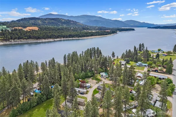 a view of a lake with a mountain in the background