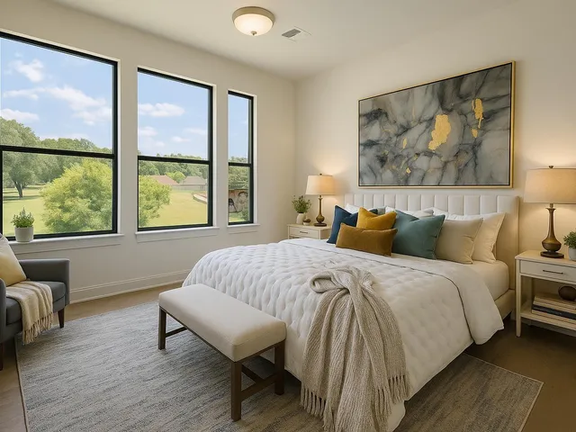 a bedroom with a bed and a painting on the wall