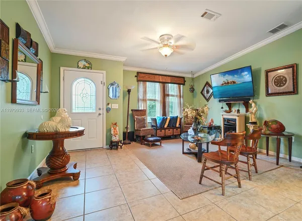 a living room with furniture and a potted plant