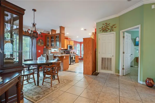 a view of a dining room with furniture
