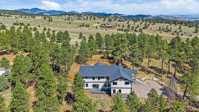 an aerial view of residential houses with outdoor space and trees