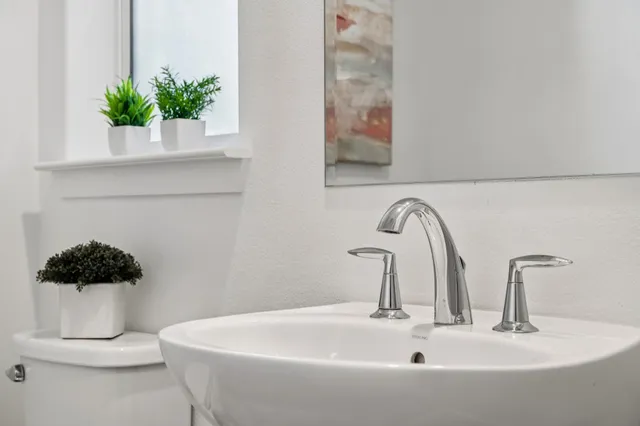 a bathroom with a sink and a mirror
