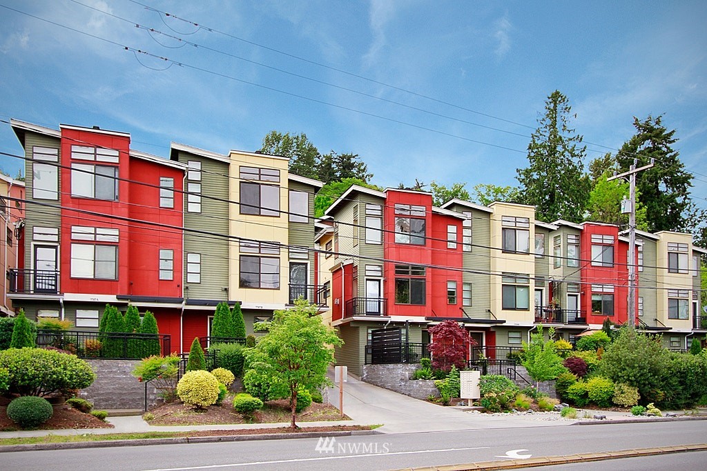 a front view of a multi story building