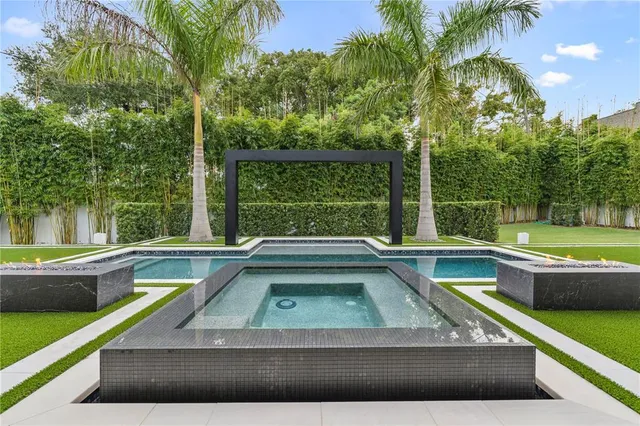 a view of a lake with a garden