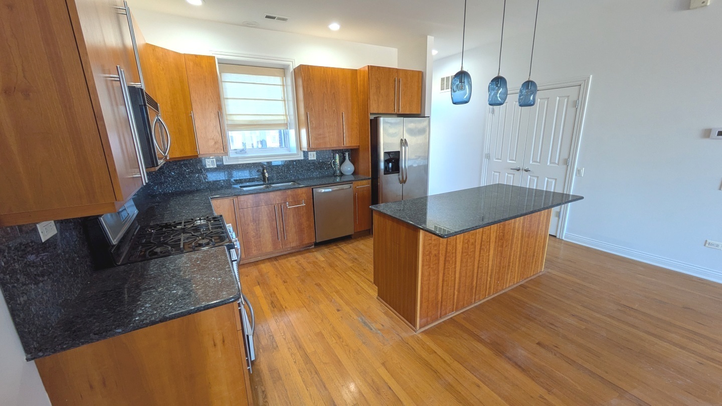 1355 West Washington Boulevard, Unit 6B Chicago, IL 60607 - Photo 6 of 28 a kitchen with stainless steel appliances granite countertop a refrigerator a stove and a wooden floors