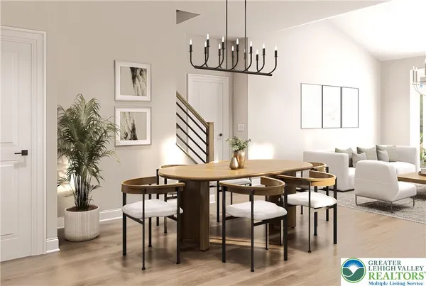 a dining room with furniture and window