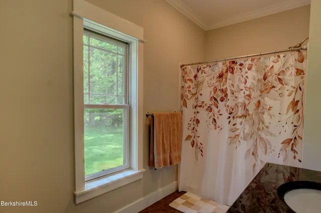 a bathroom with a sink and shower curtain