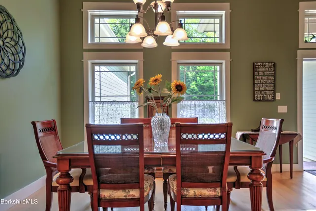 a view of a dining room with furniture window and outside view