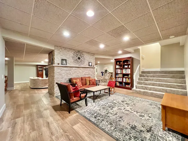a view of a dining room with furniture