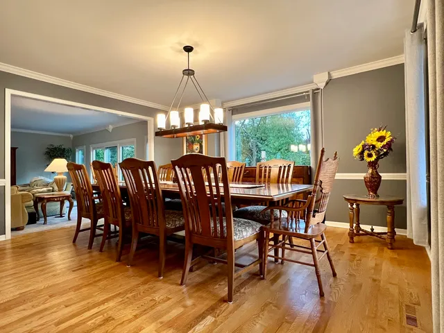 a view of a dining room with furniture window and wooden floor