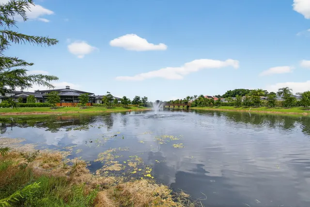 a view of a lake with a city