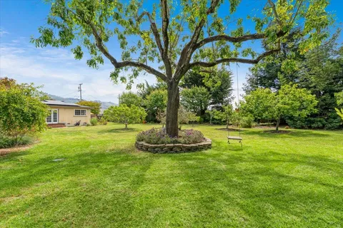 a view of a fountain in middle of the garden