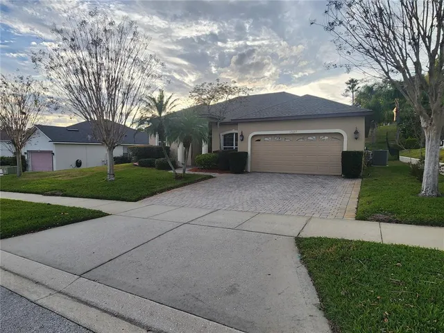 a view of a house with a yard and large tree
