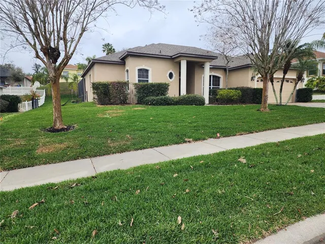 a view of a house with a big yard plants and large trees