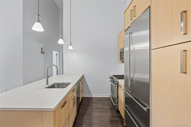 a kitchen with stainless steel appliances a sink and a refrigerator
