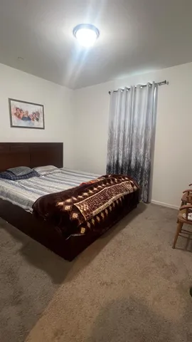 a bedroom with a bed and dresser