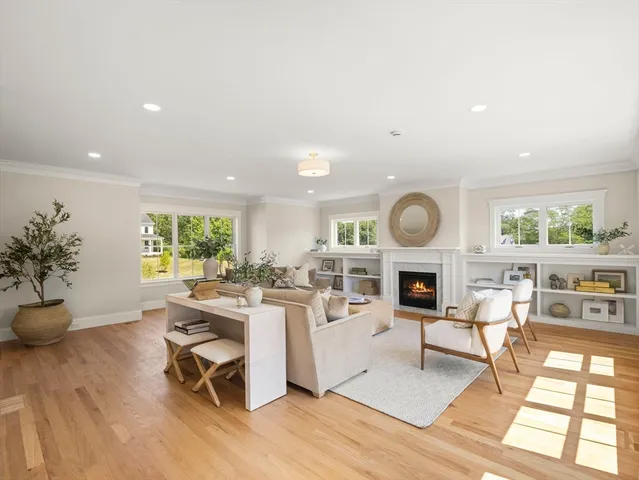 a living room with furniture a fireplace and a potted plant