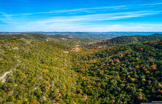 an aerial view of residential houses with outdoor space and trees