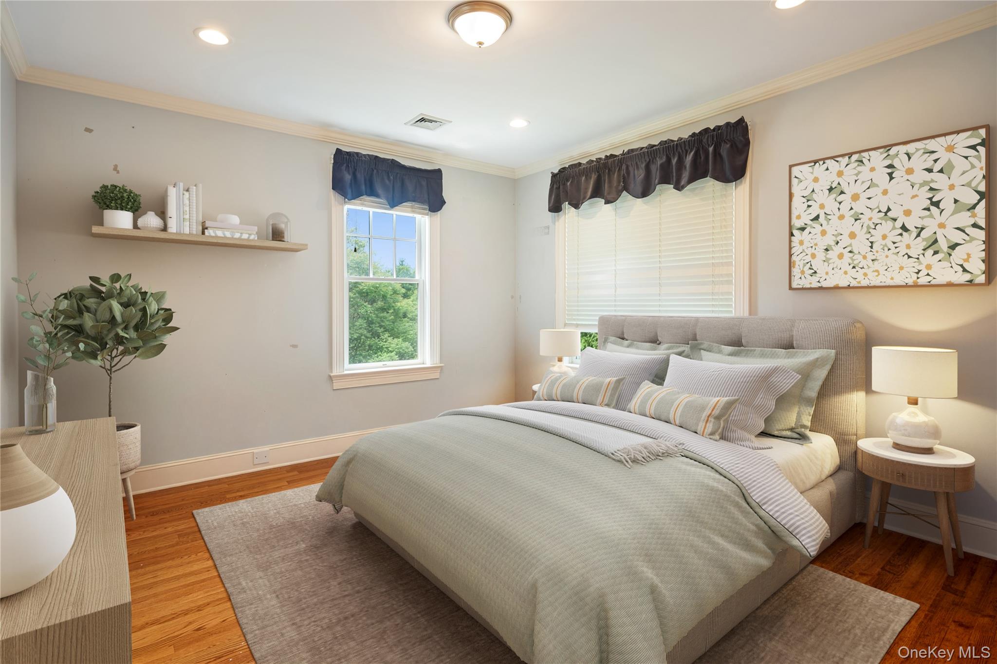 77 Byram Ridge Road Armonk, NY 10504 - Photo 38 of 48 Bedroom 4, oak floors, crown molding, recessed lighting, walk-in closet (virtually staged)