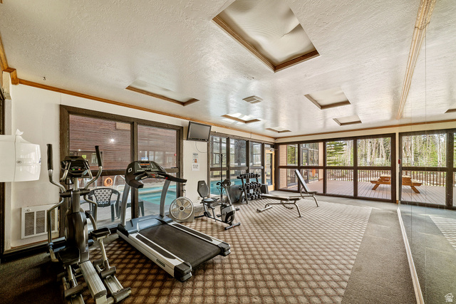 150 Ridgeview Street, Unit 117 Brian Head, UT 84719 - Photo 10 of 20 Workout area featuring a textured ceiling and crown molding