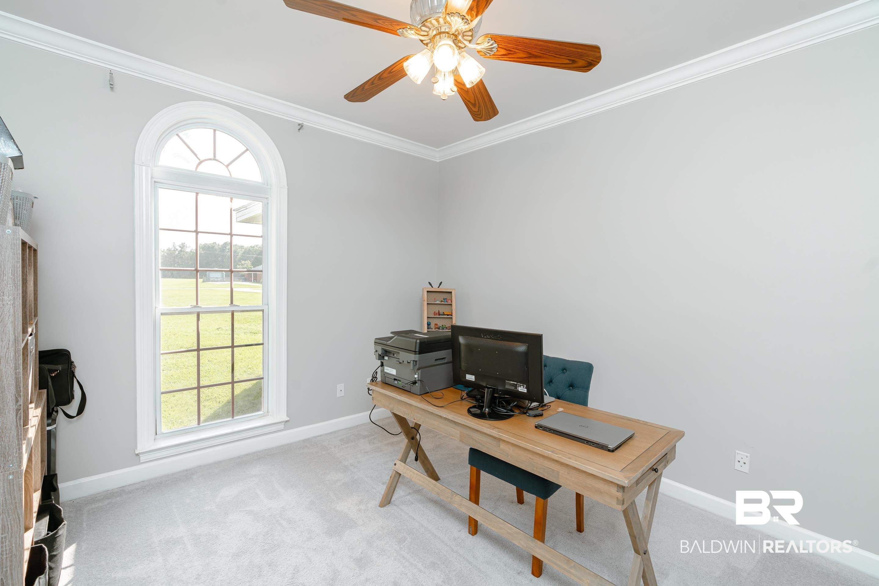 9477 Deerfield Drive Irvington, AL 36544 - Photo 25 of 58 Office space with ceiling fan, light carpet, and ornamental molding