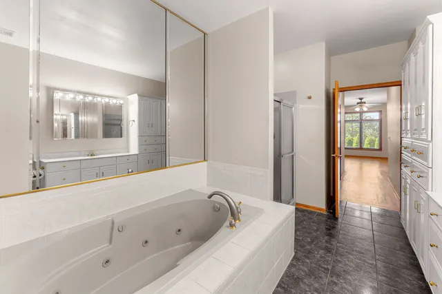 a bathroom with a bathtub and a shower