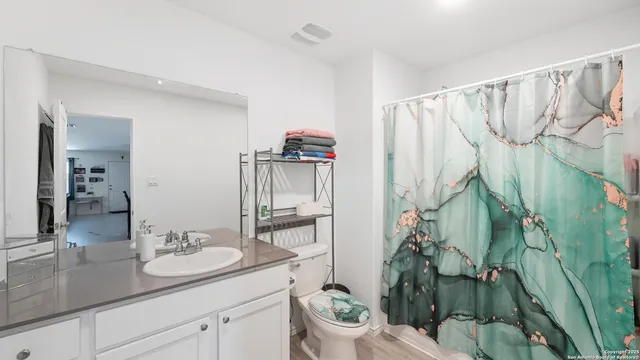 a bathroom with a granite countertop sink a toilet and shower curtain