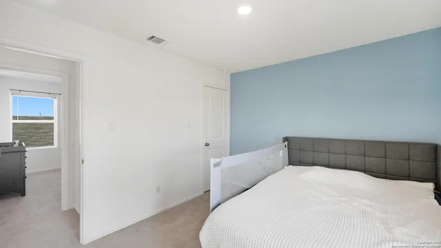 a bedroom with a bed and a cabinets